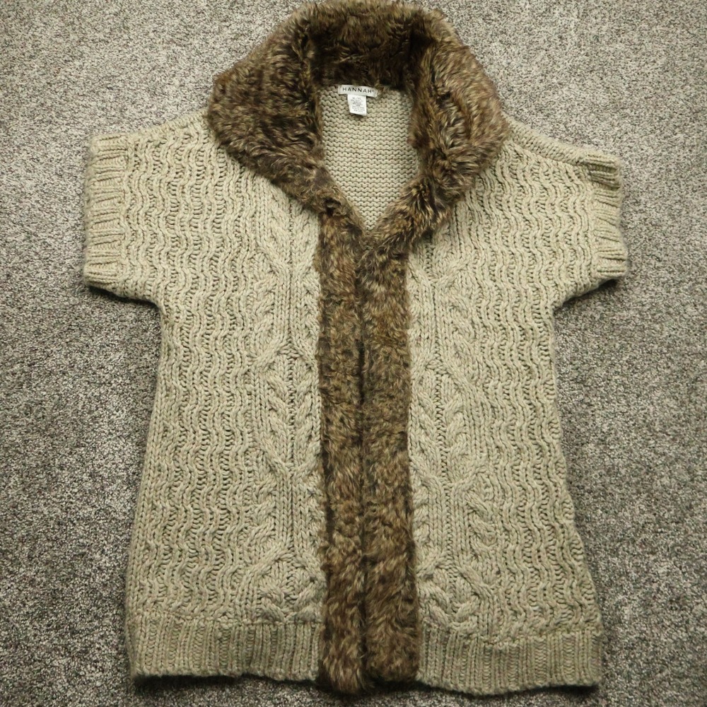 Hannah Vest Women's XL Wool Blend Knit Faux‎ Fur Trim Tan Brown Sleeveless